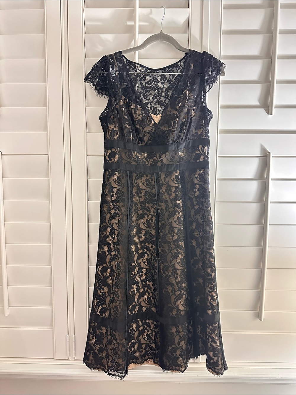 LOFT Black Lace Overlay Midi Dress with Nude Underlay